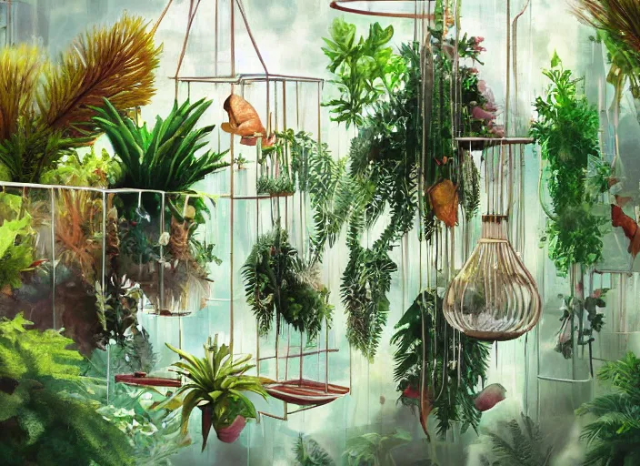 Prompt: clean neat clarity professional visual development set design, messy cozy store with hanging cages and bright aquariums, ferns and foliage, dim painterly lighting volumetric aquatics, impasto, trending on pixiv