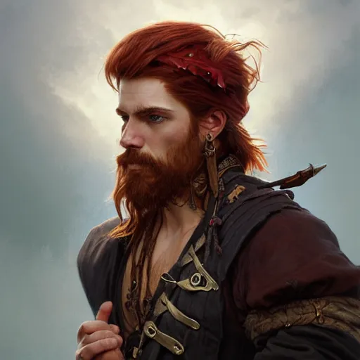 Image similar to portrait of a young pirate, male, rugged, masculine, handsome, upper body, red hair, long hair, D&D, fantasy, intricate, elegant, highly detailed, digital painting, artstation, concept art, cutscene, sharp focus, illustration, art by Artgerm and Greg Rutkowski and Alphonse Mucha