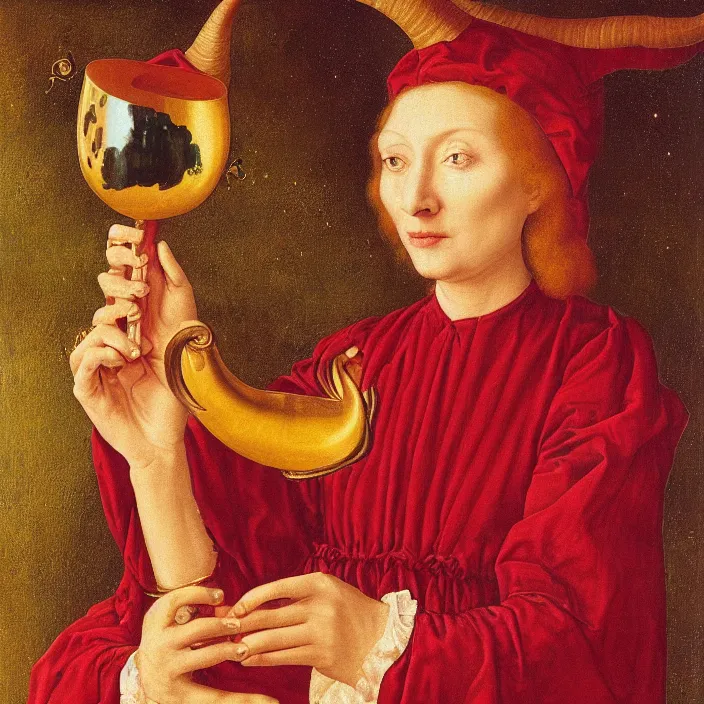 Prompt: a closeup portrait of a horned woman, drinking a golden elixir, drinking, chalice, in a heart nebula, golden hour, by jan van eyck
