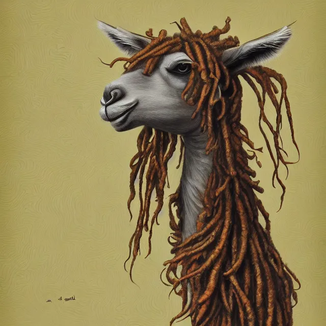 Prompt: llama with dreadlocks, art deco design, by Mandy Jurgens, Ernst Haeckel, James Jean, concept art