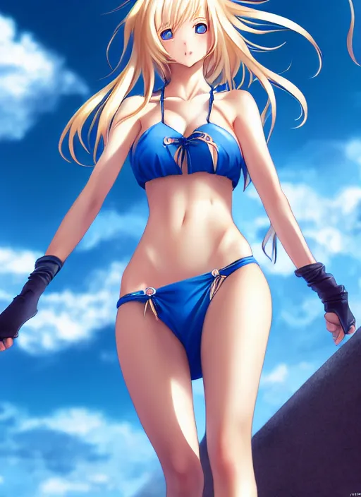 Image similar to a very beautiful young anime giantess from below, full body, long wavy blond hair, sky blue eyes, full round face, evil grin, bikini, miniskirt, front view, mid - shot, highly detailed, cinematic wallpaper by stanley artgerm lau
