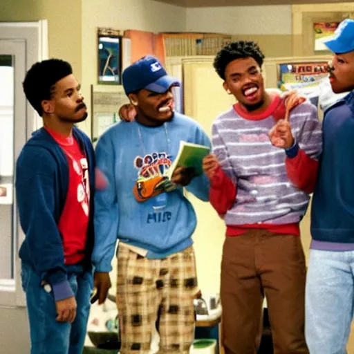 Image similar to a tv still of Chance The Rapper starring as a college student in a 1993 black sitcom