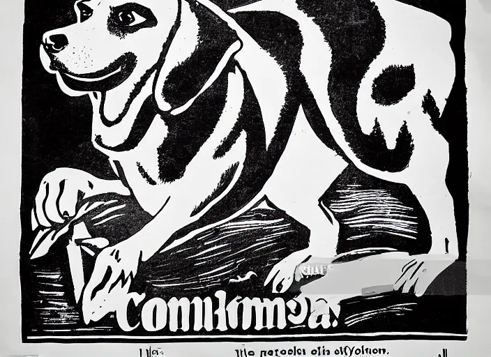 Image similar to communist propaganda poster of a dog. black ink outline