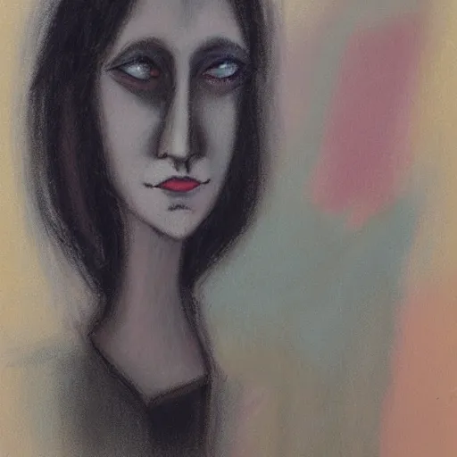 Image similar to a woman with long hair and a black shirt, a pastel by minerva j. chapman, tumblr contest winner, cubism, goth, gothic, messy