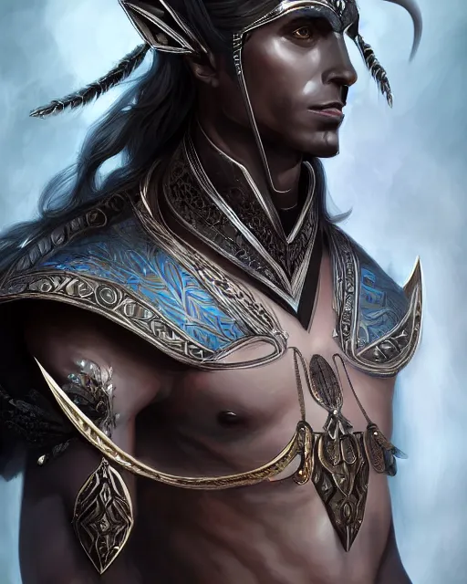 Image similar to a handsome noble male dark elf, obsidian skin, jewels, gemstones, silk, fantasy, intricate, elegant, highly detailed, digital painting, artstation, concept art, sharp focus, illustration