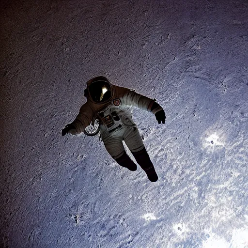 Image similar to photograph of an astronaut in space, singular light source from below, earth only visible below, darkness above, full body photo, amazing light and shadow contrast, 8 k