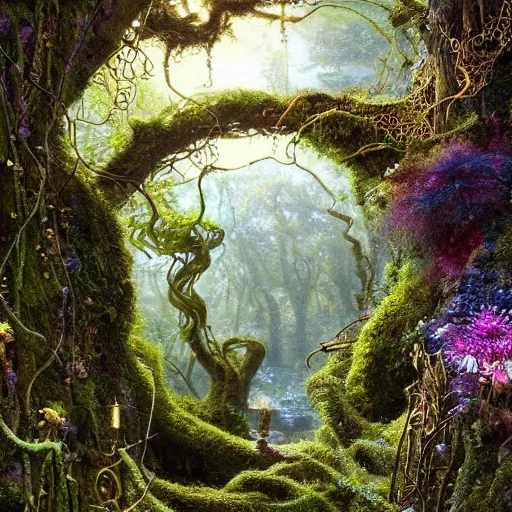 Image similar to a beautiful and highly detailed digital painting of a portal to fairyland, iridescent crystals, moss, multicoloured vines, tangled, the secret garden. intricate details, epic scale, hyperdetailed, hyperrealism,, artstation, cgsociety, 8 k, sharp focus, by caspar friedrich, albert bierstadt, james gurney, brian froud,