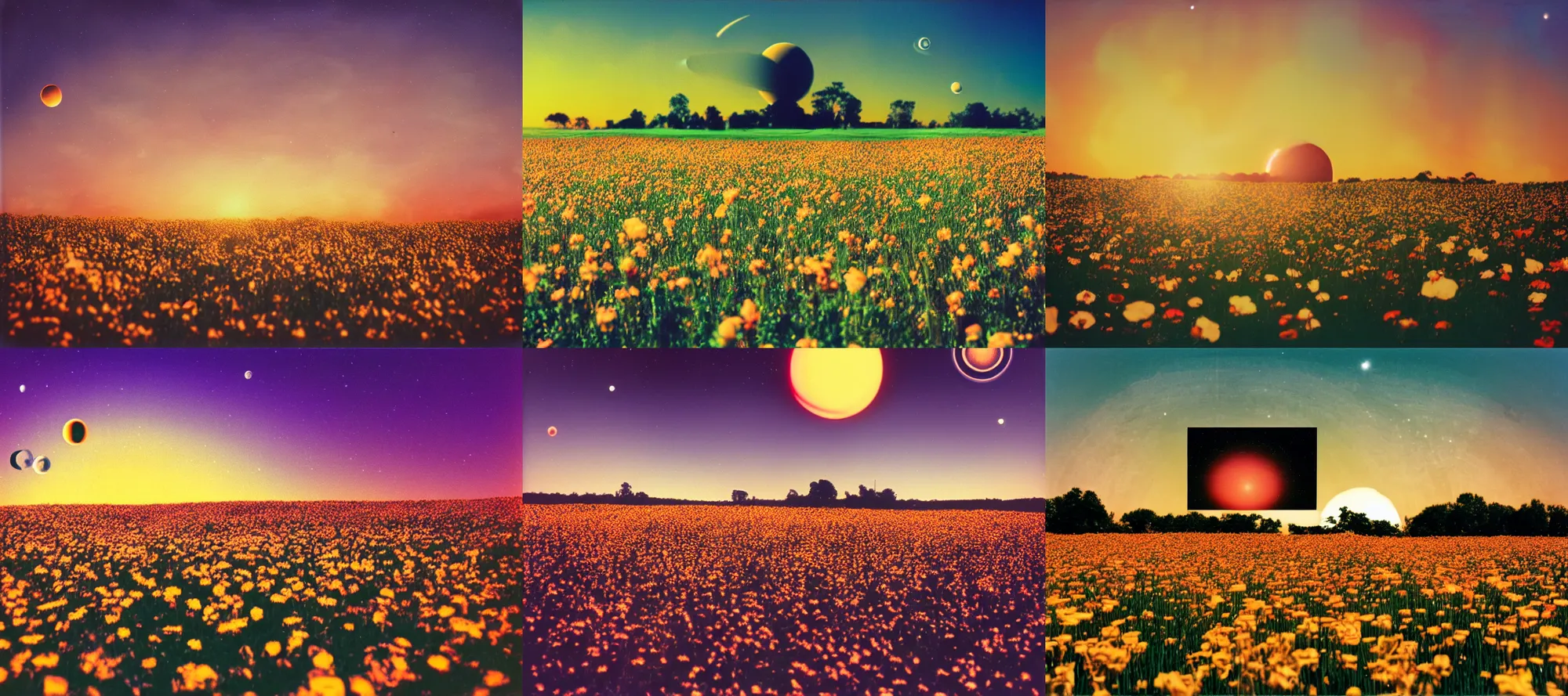 Prompt: Field of flowers with Saturn in sky, golden hour, vibrant, cinecolor film