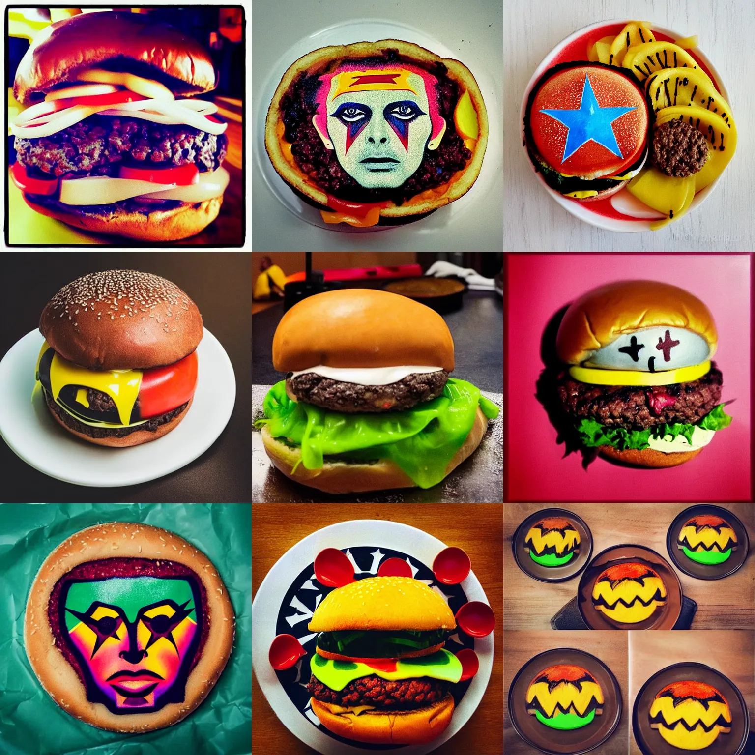 Prompt: “cheeseburger with the coloring of David bowie’s face paint, food photography 22mm 2022”