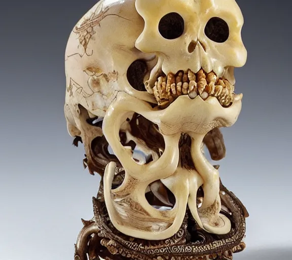 Image similar to an intricately detailed carving in an human - octopus skull, rococo ornate bone and ivory sculpted skull with teeth and tentacles, horror, artifact, micro detailed, inscribed with occult symbols, otherworldly