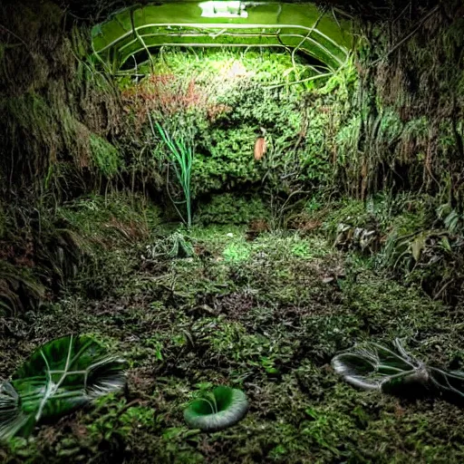 Image similar to abandoned, overgrown, underground bunker, room with mutated carnivorous plants, beautiful, underground