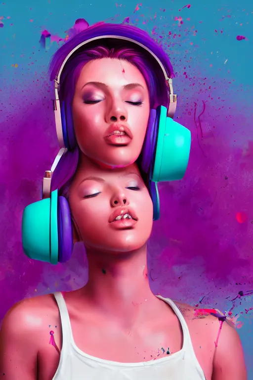 Image similar to a award winning half body portrait of a beautiful woman in a croptop and cargo pants with ombre purple pink teal hairstyle with head in motion and hair flying listenin to music on headphones by wlop, paint splatter, outrun, vaporware, shaded flat illustration, digital art, trending on artstation, highly detailed, fine detail, intricate