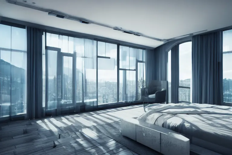 Prompt: futuristic highly detailed modern bedroom with a nice window view, complex design, realistic, octane render, unreal engine 5, raytracing, volumetric light, trending on artstation