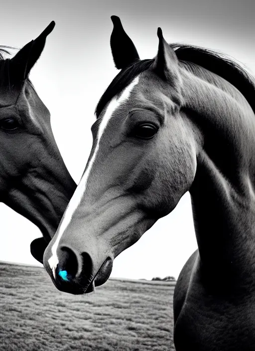 Image similar to two horses black and white portrait white sky in background