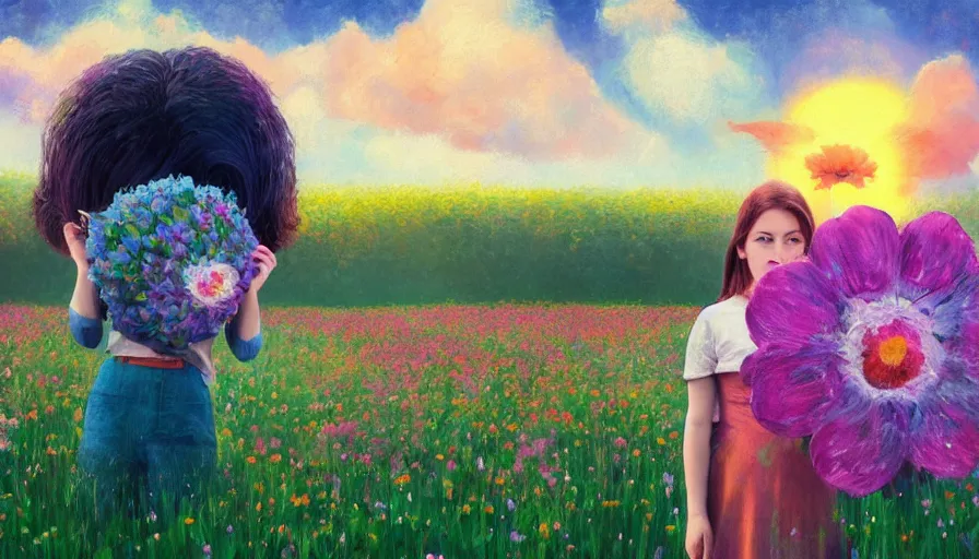 Image similar to girl with a huge flower as a face, surreal photography, dream, standing in flower field, hills, big trees, sunrise dramatic light, impressionist painting, colorful clouds, digital painting, pointillism, artstation, simon stalenhag, flower face