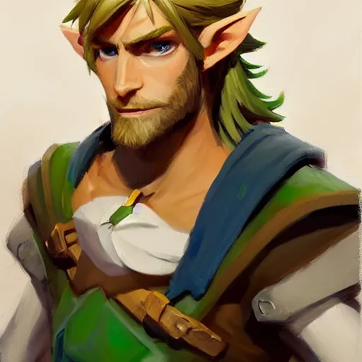 Image similar to greg manchess portrait painting of link from legend of zelda as overwatch character, medium shot, asymmetrical, profile picture, organic painting, sunny day, matte painting, bold shapes, hard edges, street art, trending on artstation, by huang guangjian and gil elvgren and sachin teng