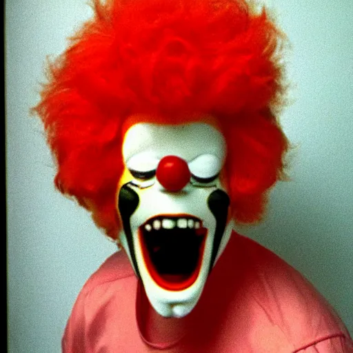 Image similar to creppy 2 0 0 1 photo of ronald mcdonald screaming in a dark room