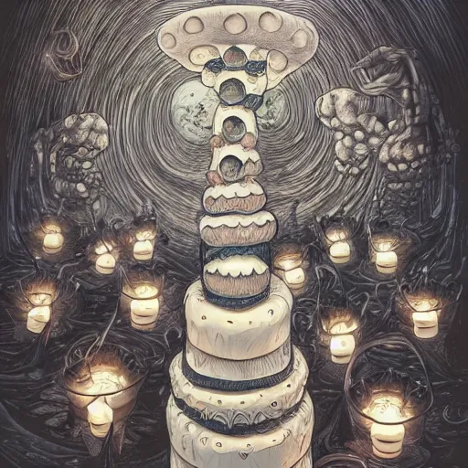 Image similar to epic view of a giant birthday cake with lit candles by junji ito and james jean and esao andrews, cake, candles, 4 k, hyperdetailed, hyperrealistic, trending on artstation, pencil art on paper, horror, dramatic lighting