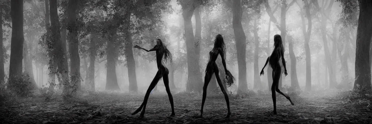 Prompt: epic fantasy render of a two beautiful skinny women body, long dark hairs, detailed anatomy, woods, black fog, black and white, highly detailed, cinematic, hyperrealism, dynamic lighting, octane render