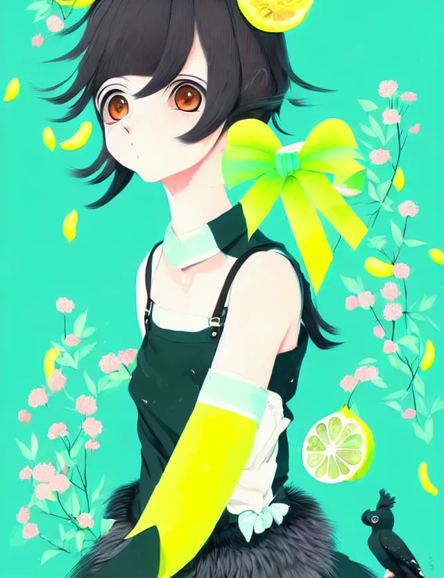 Image similar to a cute anthropomorphic magpie girl anthro wearing a lemon lime ribbon, park background, very anime!!! kawaii!! furry!! intricate details, aesthetically pleasing pastel colors, scenic background, art by conrad roset and ilya kuvshinov. trending on deviantartstation