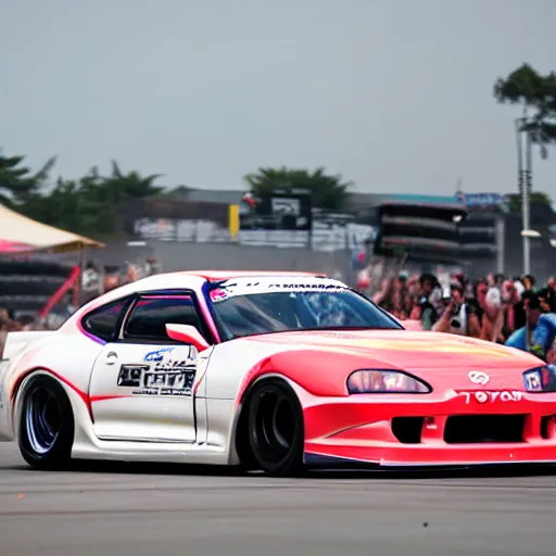 Prompt: A photograph of a toyota supra drifting by Larry Chen, Formula Drift