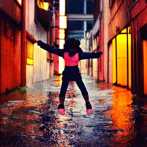 Image similar to 1990s perfect 8K HD professional cinematic photo of close-up japanese schoolgirl jumping in dystopian alleyway with neon signs, at evening during rain, at instagram, Behance, Adobe Lightroom, with instagram filters, depth of field, taken with polaroid kodak portra