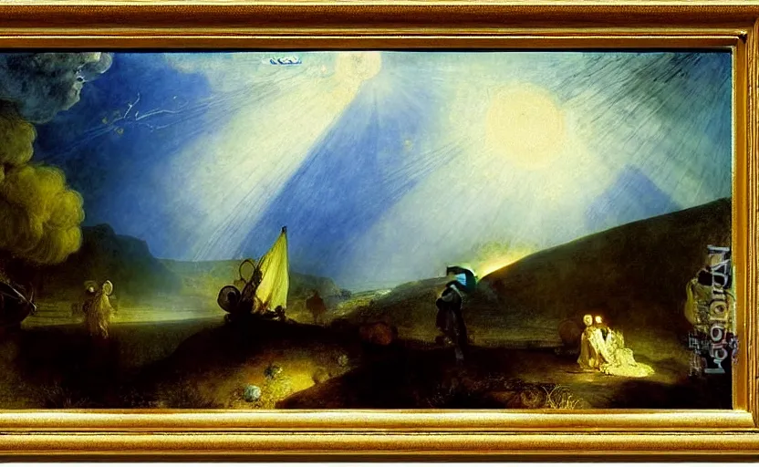 Prompt: the landing of the ufo in the valley, blue light, blue tones. by henriette ronner - knip, by william henry hunt, by rembrandt, by joseph mallord william turner, by konstantin razumov, concept art,