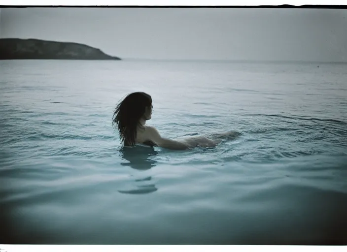 Image similar to photography, woman swimming in ocean at night, 35mm film,