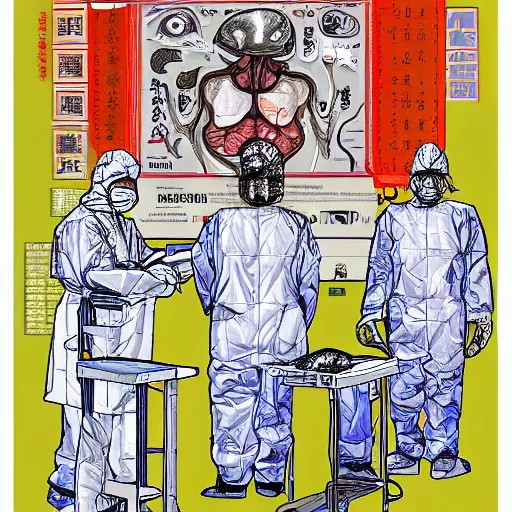 Image similar to chinese surgeons operating on a body, organ harvesting, in the style of daniel johnston and outsider art, 8k, line brush, overlaid with chinese adverts