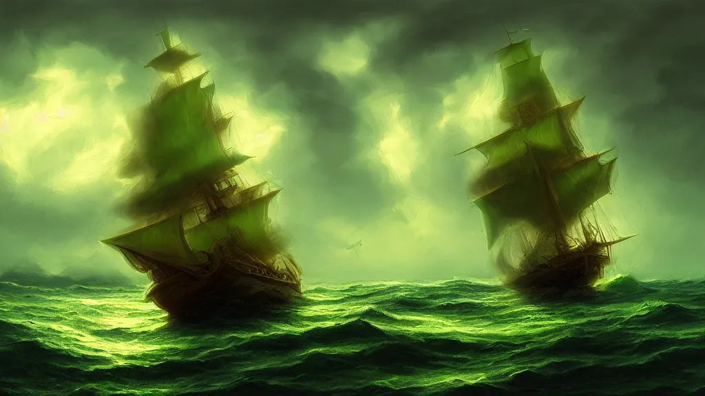 Prompt: gold galleon ship, green sea, storm. bloom, lighting. fantasy, digital painting, hd, ultra - detailed.