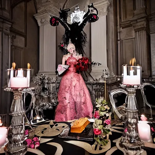 Prompt: the satanic bride looking very sophisticated and hypermaximalist at her baroque wedding reception banquets as she feasts among the many archdemons