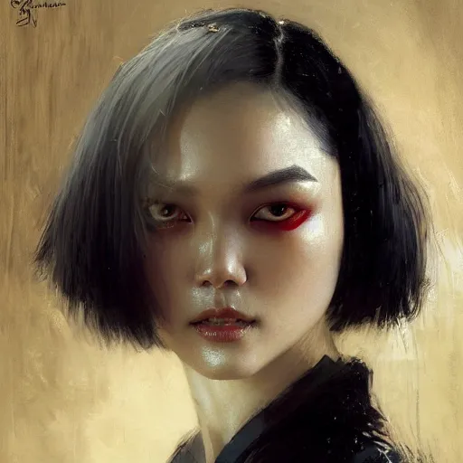 Image similar to detailed cinematic wide shot of beautiful attractive tao okamoto asian vampire woman wearing black bath robe slim face symettrical face clean skin black eyes black robe smooth, sharp focus, ultra realistic, spring light, painting by gaston bussiere, craig mullins, j. c. leyendecker