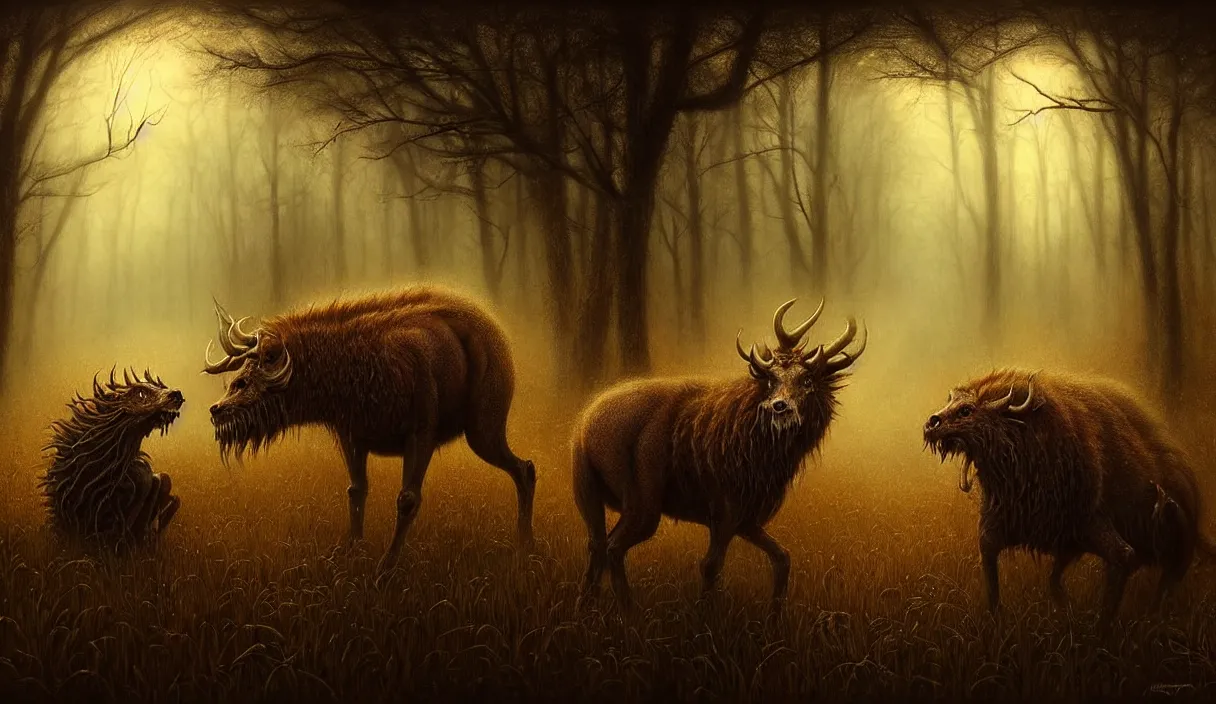 Image similar to epic professional digital art of hungry eyes, ambient golden light, painted, mysterious, cinematic prairie terrifying animals scene, eerie, mythic, detailed, intricate, grand, leesha hannigan, wayne haag, reyna rochin, ignacio fernandez rios, mark ryden, van herpen, artstation, cgsociety, epic, stunning, gorgeous, wow wow detail