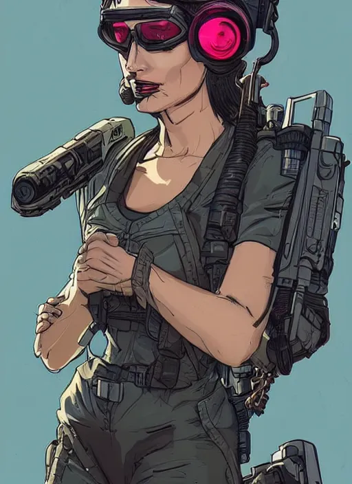 Image similar to Beautiful Maria. Gorgeous female cyberpunk mercenary wearing a cyberpunk headset, military vest, and jumpsuit. gorgeous face. Concept art by James Gurney and Laurie Greasley. Industrial setting. ArtstationHQ. Creative character design for cyberpunk 2077.