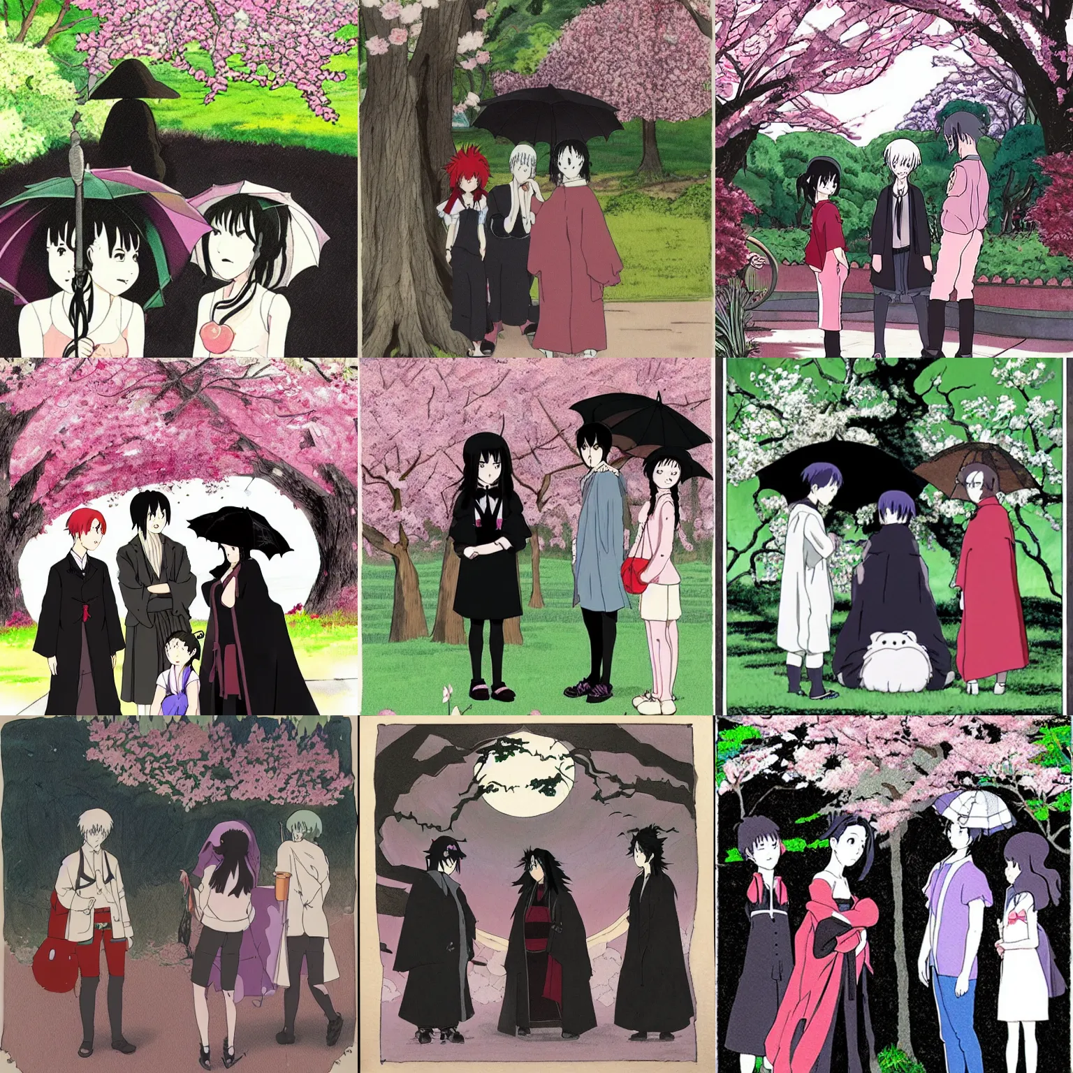 Prompt: art by studio ghibli depicting three goths loitering in the shade, talking beneath a cherry blossom outside a blockbuster video store.
