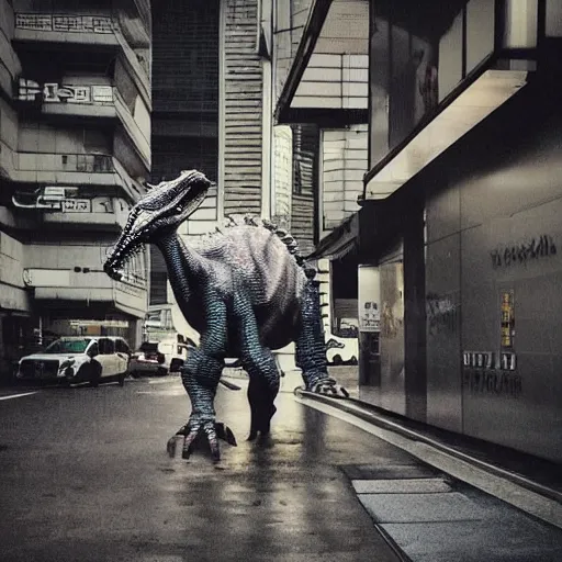 Prompt: “ cyberpunk dinosaur on a rainy tokyo street, posing menacingly, high detail photograph ”