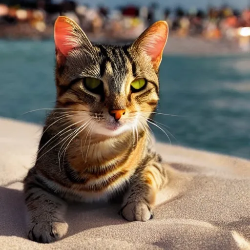Prompt: a photo of a tabby cat on drinking a cocktail on a sunny beach