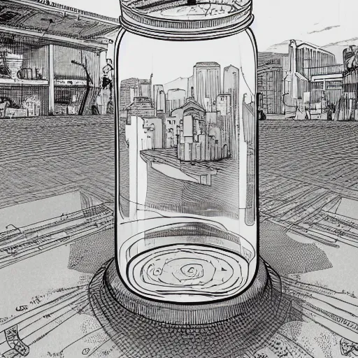 Image similar to a whole civilisation developed inside a jar. Highky detailed illustration Moebius