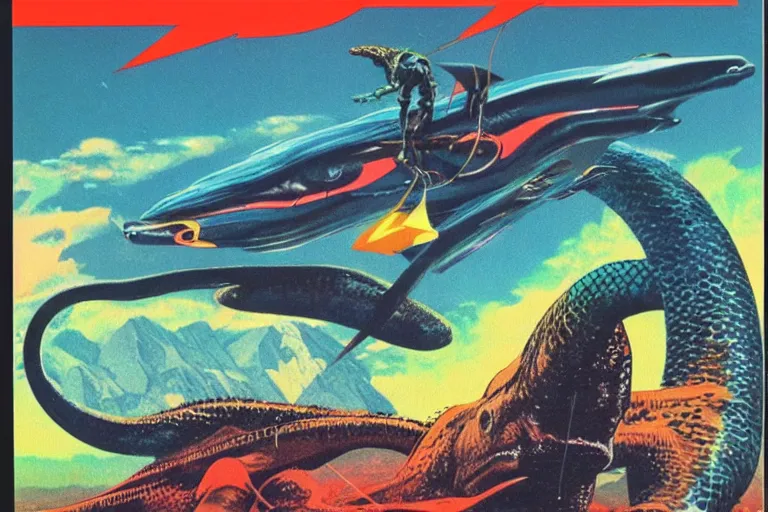 Prompt: 1979 OMNI Magazine Cover depicting An electric eel flying at a dinosaur. Cyberpunk Akira style by Vincent Di Fate