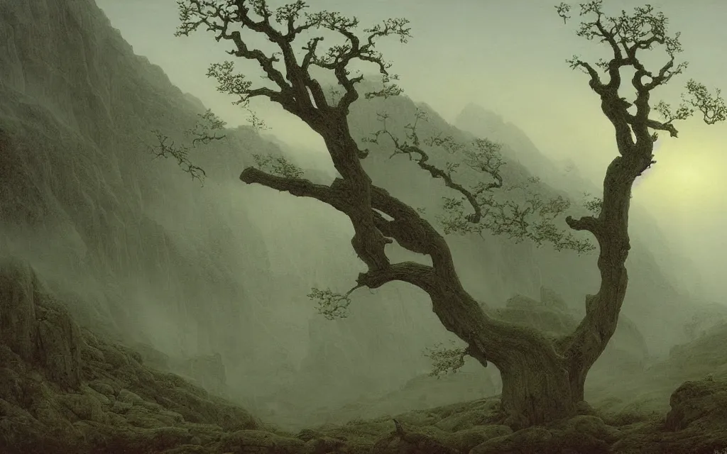 Image similar to valley of berchtesgarden, a gnarly old oak in a shroud of mist and ghosts, by caspar david friedrich