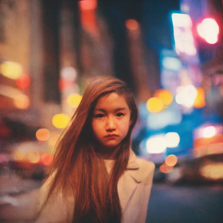 Prompt: analog medium format film blurry street night flash photography close up girl portrait in new york, 1 9 6 0 s hasselblad film street photography, featured on unsplash, vintage expired colour film photograph