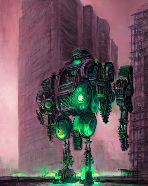 Image similar to hyperrealistic hyperdetailed mecha iridescent pink dystopian city ruins backrgound concept art santiago caruso de chirico sharp very dramatic green light 8k low angle shallow depth of field