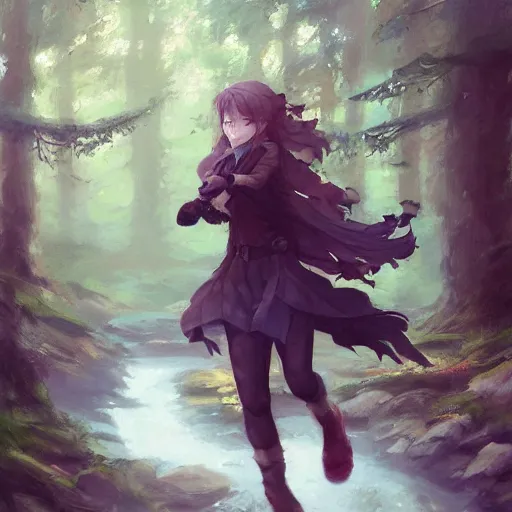 Image similar to a woman running through the forest, a detailed painting by krenz cushart, pixiv contest winner, fantasy art, official art, detailed painting, pixiv. highly detailed. 4 k masterpiece.