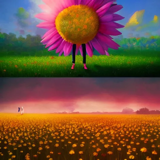 Image similar to giant daisy flower as head, full body, girl standing in a flower field, surreal photography, sunrise dramatic light, impressionist painting, colorful clouds, digital painting, artstation, simon stalenhag, flower face