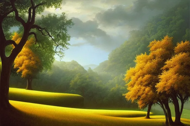 Image similar to masterpiece painting of oak trees on a hillside overlooking a creek, dramatic lighting, by vladimir kush