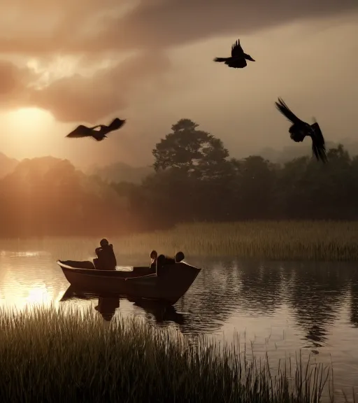 Image similar to three humans with a reflection of three crows in a little boat in a swamp, volumetric lighting, fog, majestic light, octane render, ethereal glare of the sun, hyperrealistic, epic, masterpiece, by makoto shinkai