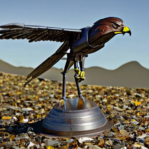 Image similar to A hawk model built from scrap metal, standing on asphalt, detailed close up photograph