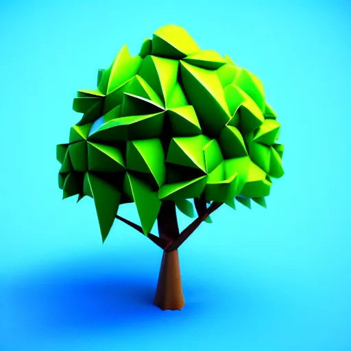 Image similar to a 3d low poly object of just a small green tree on the blue background