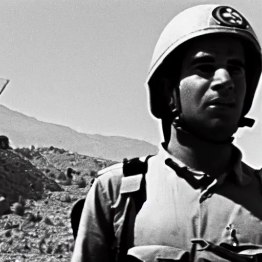 Image similar to black and white photograph of a minion idf soldier fighting in the six day war in 1967