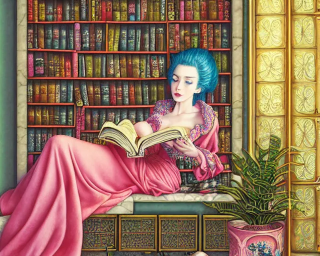 Prompt: a detailed fantasy pastel portrait of a woman wizard in ornate clothing lounging on a purpur pillow on the marble floor in front of her bookcase in a room, reading an ancient tome. to the side is a potted plant, moody light. ancient retrofuturistic setting. key art, focus on face, by chie yoshii and casey weldon